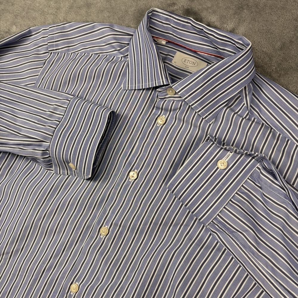 Eton Dress Shirt Mens 16.5-42 Blue Striped 100% Cotton Slim Long Sleeve